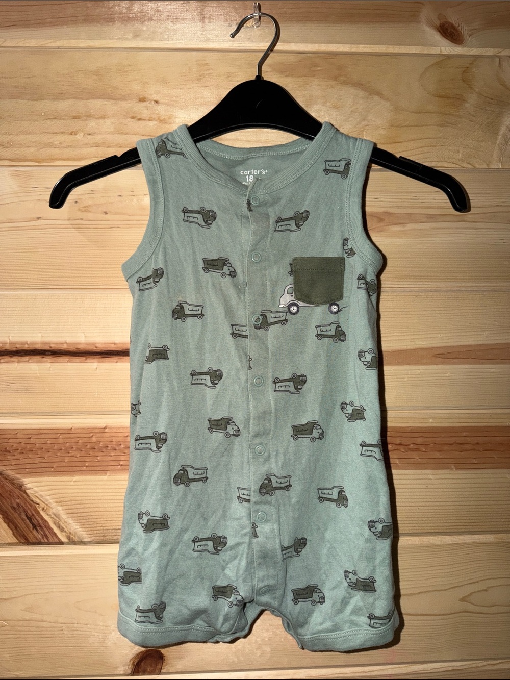 Carter's Sage Green Sleeveless Romper with Truck Print